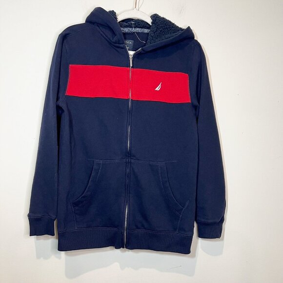 Nautica Boys Full Zip Up Sherpa Lined Hoodie Sweatshirt Navy Red XL 18/20 - Picture 8 of 8